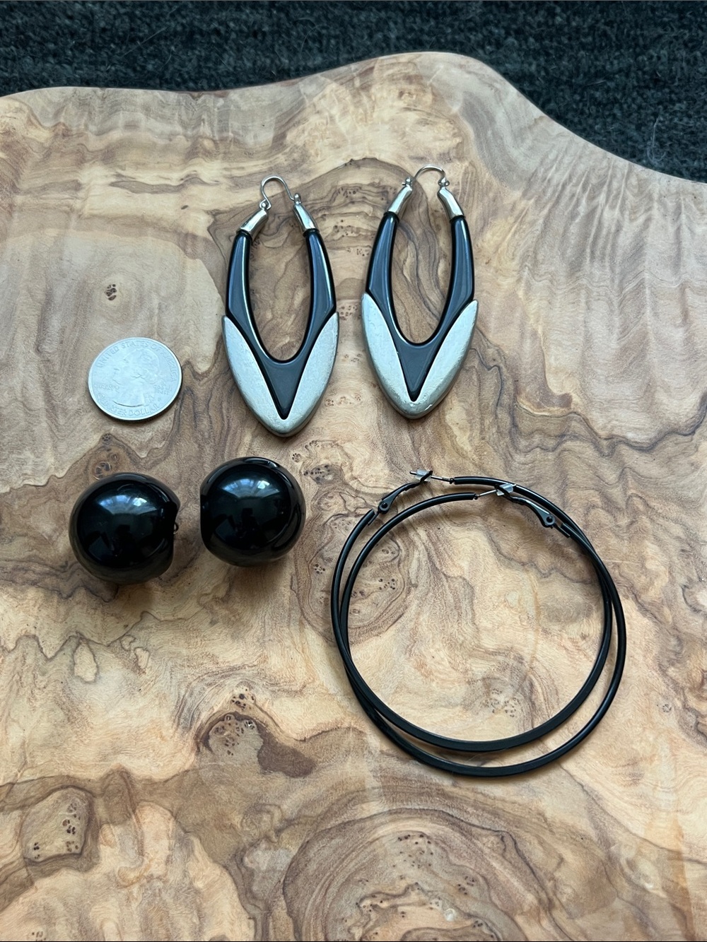 Collection of Oversized Black and Silver Mixed Metal Earrings. Vintage and Mod